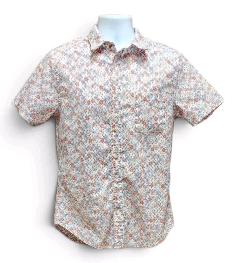 Mutual Weave Button Up Shirt Men's Small Peach White Floral Short Sleeve Casual